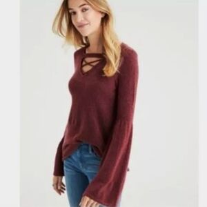 American Eagle Outfitters Bell Sleeve Cut Out Pullover Knit Sweater Size…